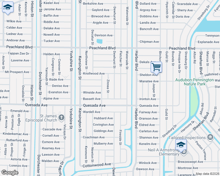 map of restaurants, bars, coffee shops, grocery stores, and more near 1206 Zinnea Street in Port Charlotte
