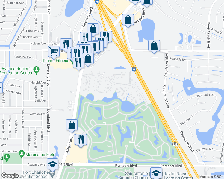 map of restaurants, bars, coffee shops, grocery stores, and more near 111 Club Lane in Punta Gorda