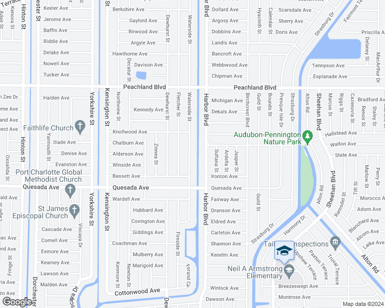 map of restaurants, bars, coffee shops, grocery stores, and more near 1182 Waterside Street in Port Charlotte