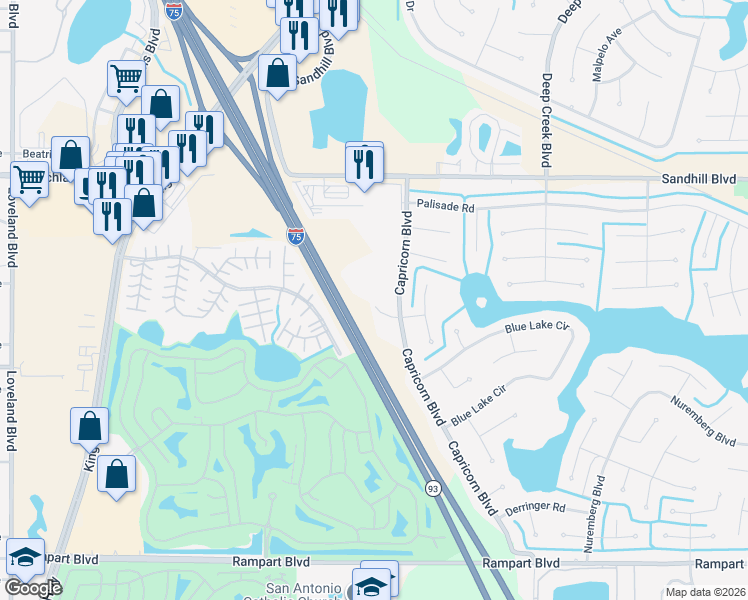 map of restaurants, bars, coffee shops, grocery stores, and more near 24487 Zephyr Court in Port Charlotte