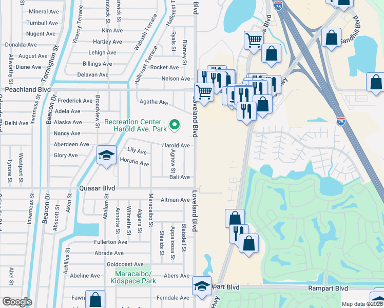 map of restaurants, bars, coffee shops, grocery stores, and more near 1197 Loveland Boulevard in Port Charlotte