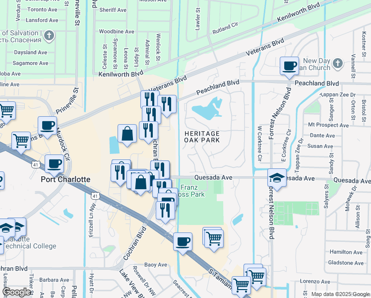 map of restaurants, bars, coffee shops, grocery stores, and more near 1285 White Oak Trail in Port Charlotte