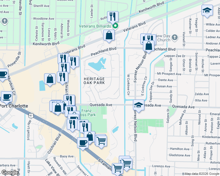 map of restaurants, bars, coffee shops, grocery stores, and more near 1222 Green Oak Trail in Port Charlotte