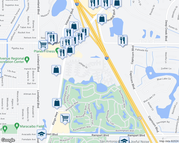 map of restaurants, bars, coffee shops, grocery stores, and more near 101 Village Drive in Punta Gorda
