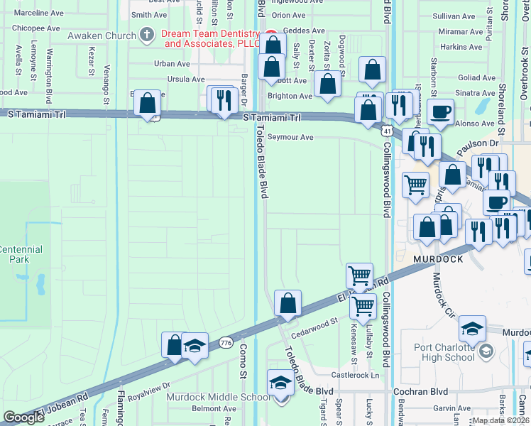 map of restaurants, bars, coffee shops, grocery stores, and more near Toledo Blade Boulevard in Port Charlotte