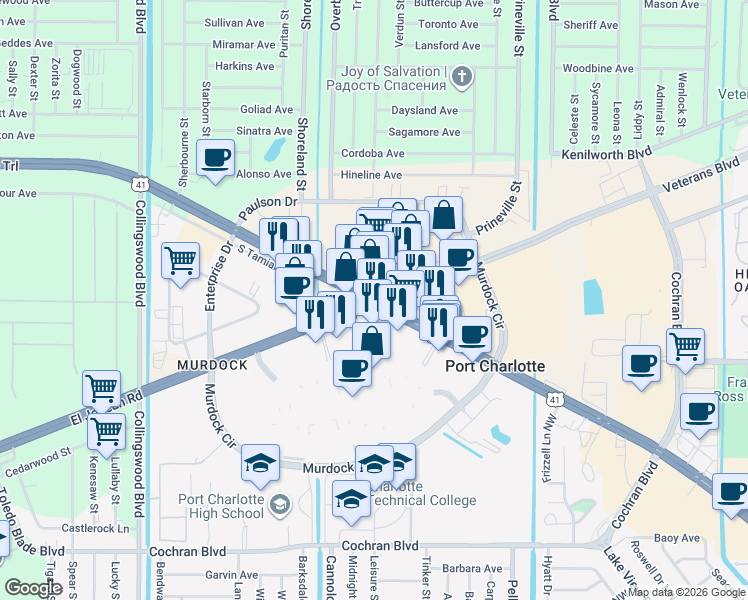 map of restaurants, bars, coffee shops, grocery stores, and more near in Murdock