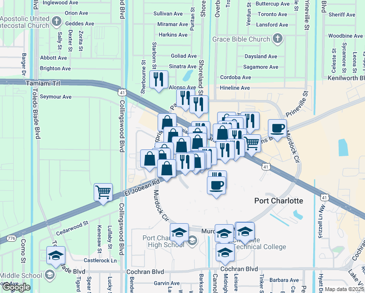 map of restaurants, bars, coffee shops, grocery stores, and more near 1189 South Tamiami Trail in Port Charlotte