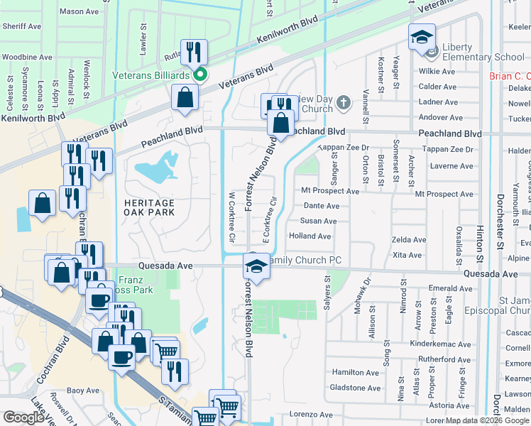 map of restaurants, bars, coffee shops, grocery stores, and more near 20024 Behan Court in Port Charlotte