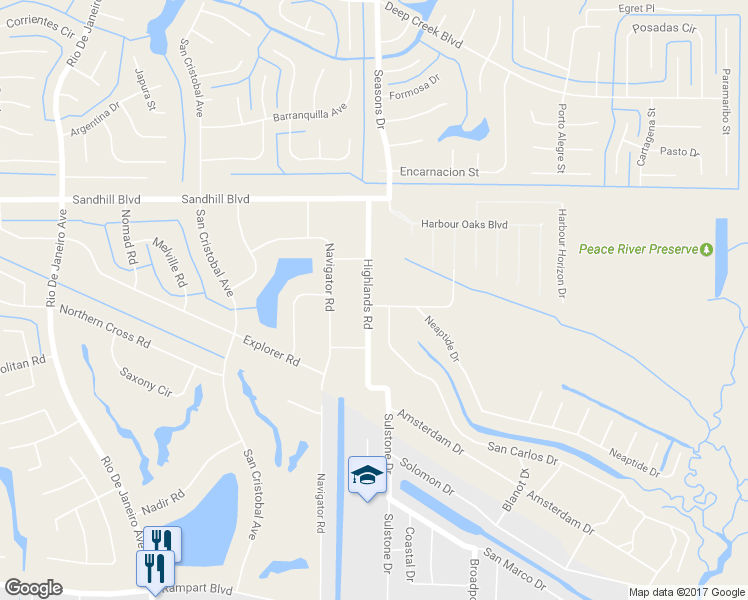 map of restaurants, bars, coffee shops, grocery stores, and more near 1134 Highlands Road in Punta Gorda