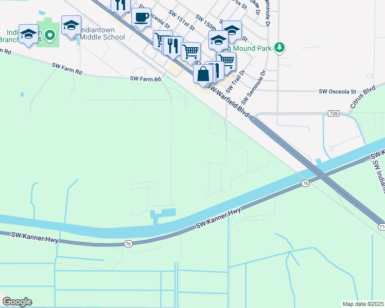 map of restaurants, bars, coffee shops, grocery stores, and more near 16264 Southwest Pine View Avenue in Indiantown