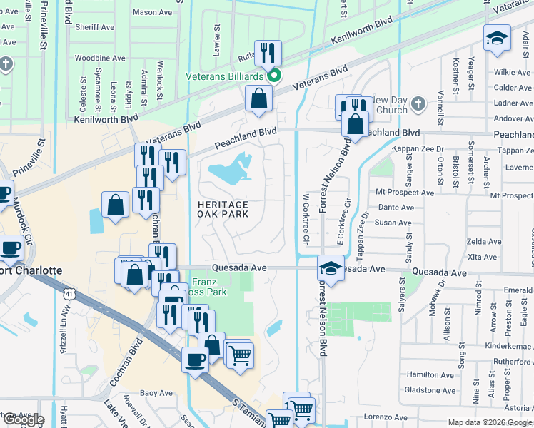 map of restaurants, bars, coffee shops, grocery stores, and more near 1222 Green Oak Trail in Port Charlotte