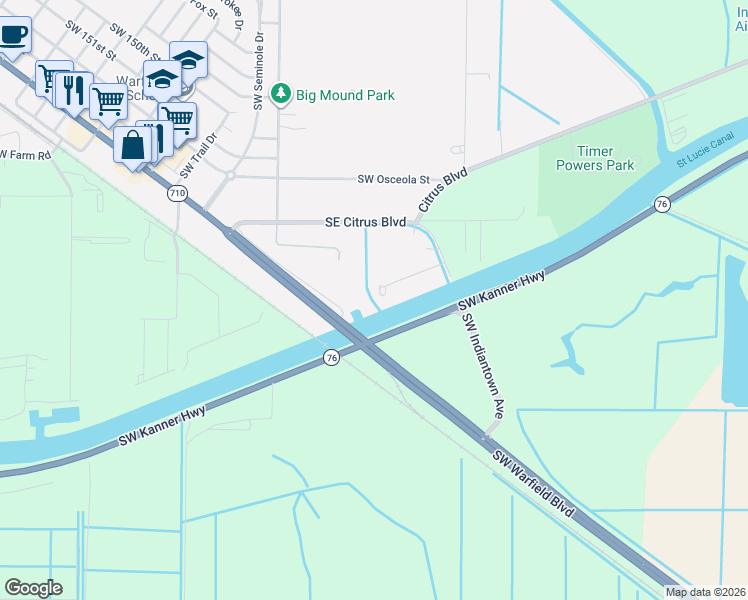 map of restaurants, bars, coffee shops, grocery stores, and more near 14700 Southwest Sonora Terrace in Indiantown