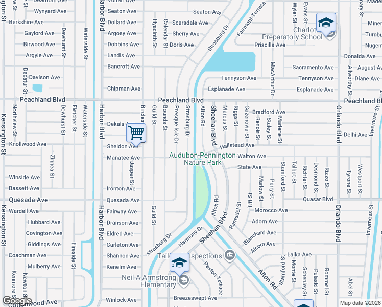 map of restaurants, bars, coffee shops, grocery stores, and more near 1146 Strasburg Drive in Port Charlotte