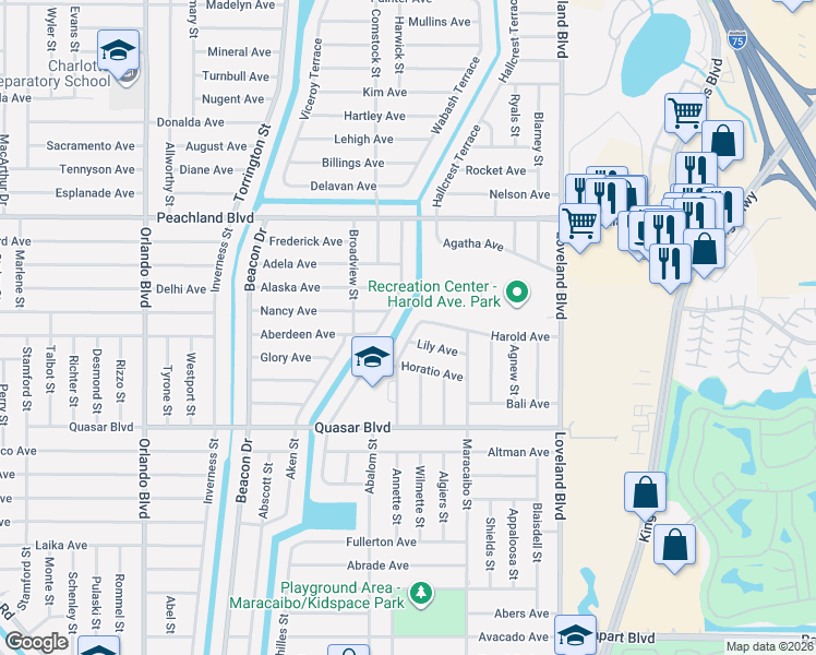 map of restaurants, bars, coffee shops, grocery stores, and more near 1141 Alward Street in Port Charlotte