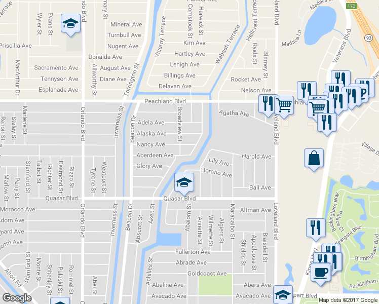 map of restaurants, bars, coffee shops, grocery stores, and more near 23300 Aberdeen Avenue in Port Charlotte