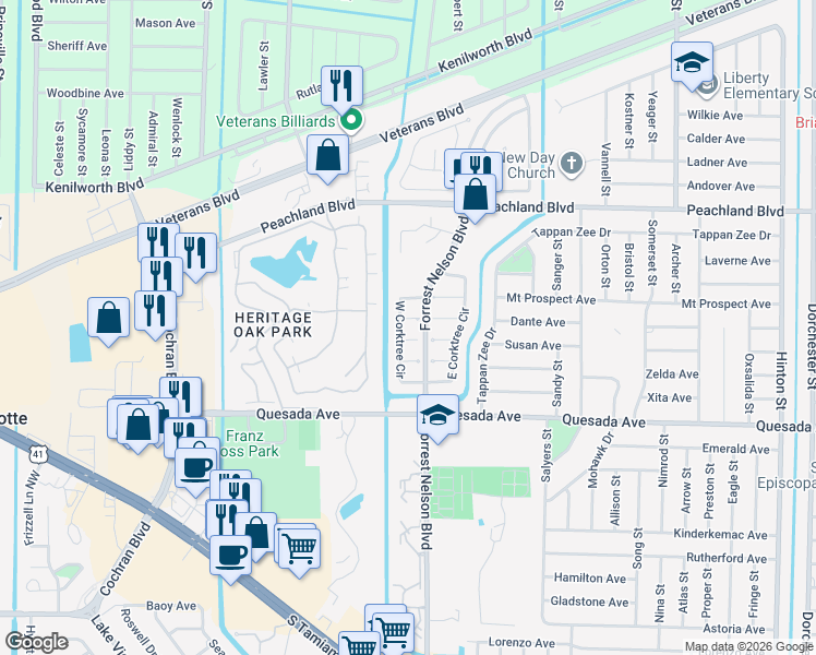 map of restaurants, bars, coffee shops, grocery stores, and more near 19587 Mombin Court in Port Charlotte