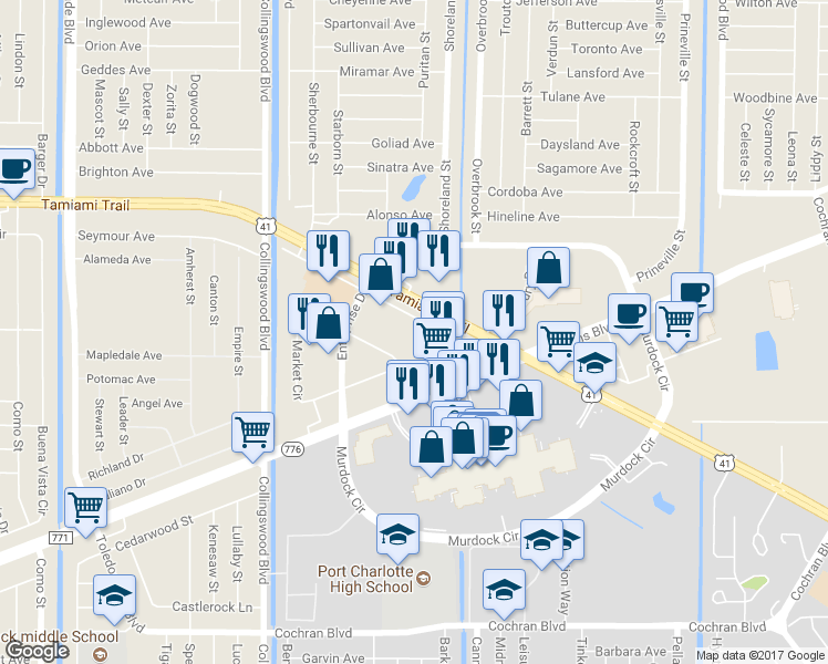 map of restaurants, bars, coffee shops, grocery stores, and more near 1189 South Tamiami Trail in Port Charlotte