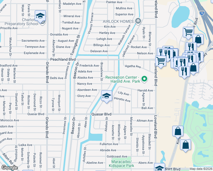 map of restaurants, bars, coffee shops, grocery stores, and more near 23300 Aberdeen Avenue in Port Charlotte