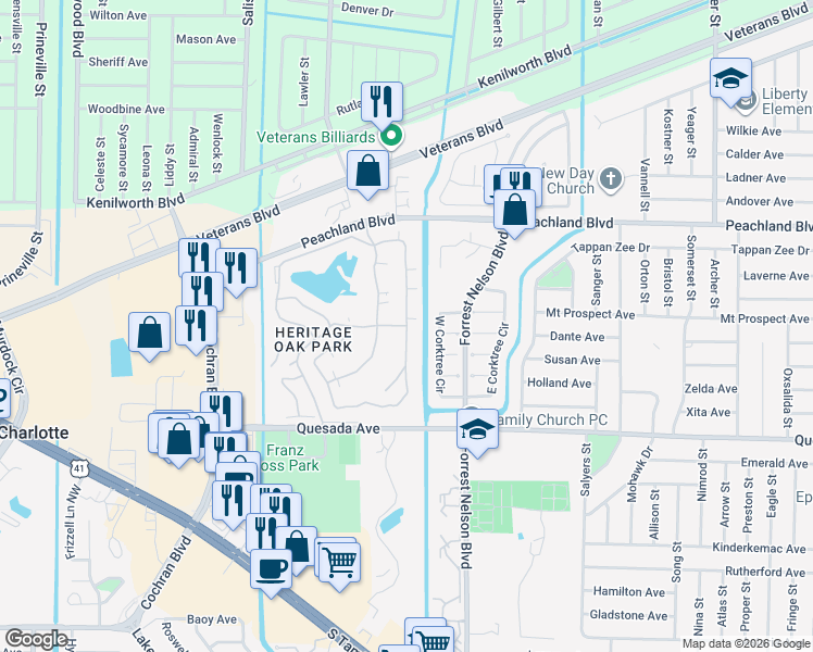 map of restaurants, bars, coffee shops, grocery stores, and more near 1376 Red Oak Lane in Port Charlotte