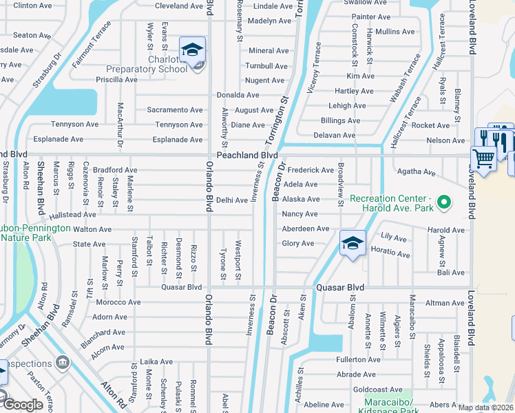 map of restaurants, bars, coffee shops, grocery stores, and more near 1104 Inverness Street in Port Charlotte