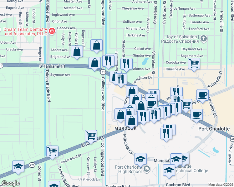 map of restaurants, bars, coffee shops, grocery stores, and more near 1544 Market Circle in Port Charlotte
