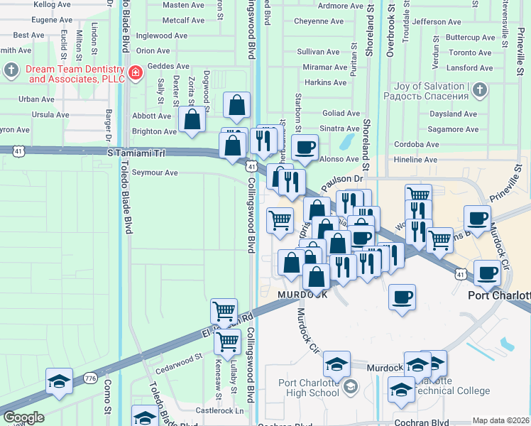 map of restaurants, bars, coffee shops, grocery stores, and more near 1544 Market Circle in Port Charlotte