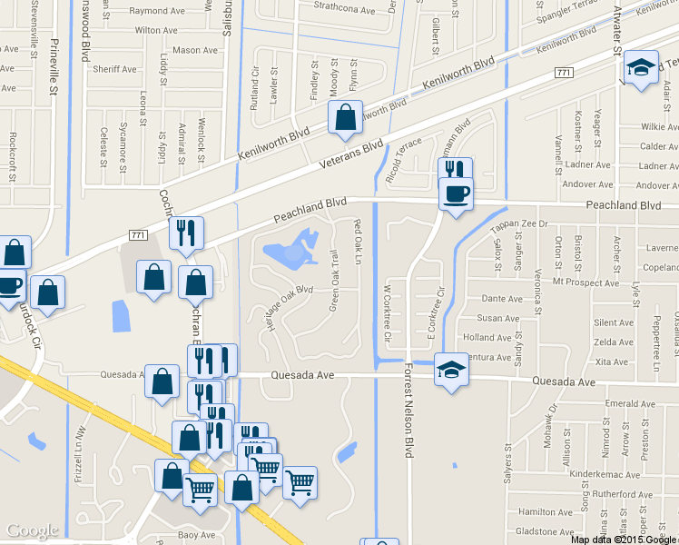 map of restaurants, bars, coffee shops, grocery stores, and more near 1192 Green Oak Trail in Port Charlotte