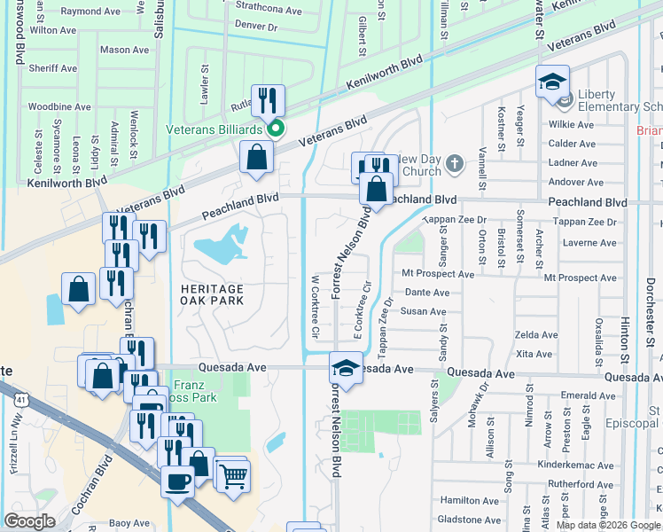 map of restaurants, bars, coffee shops, grocery stores, and more near 1420 West Corktree Circle in Port Charlotte