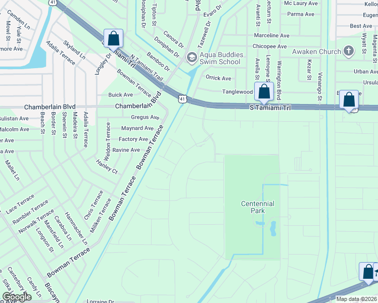 map of restaurants, bars, coffee shops, grocery stores, and more near Lewis Avenue in Port Charlotte