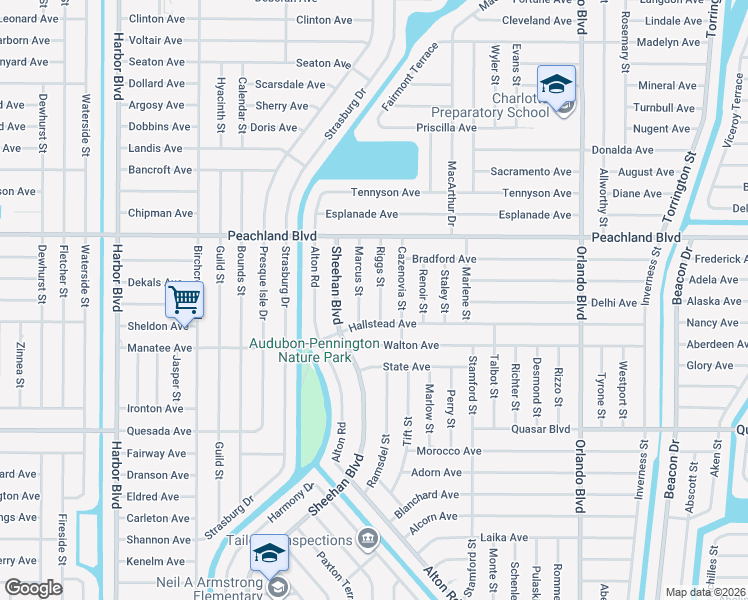 map of restaurants, bars, coffee shops, grocery stores, and more near 1091 Riggs Street in Port Charlotte