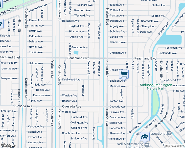 map of restaurants, bars, coffee shops, grocery stores, and more near 1097 Fletcher Street in Port Charlotte