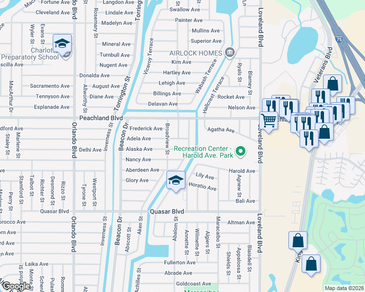 map of restaurants, bars, coffee shops, grocery stores, and more near 23297 Alaska Avenue in Port Charlotte
