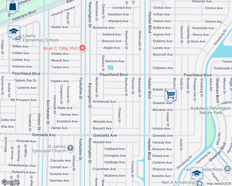 map of restaurants, bars, coffee shops, grocery stores, and more near 21285 Washburn Avenue in Port Charlotte