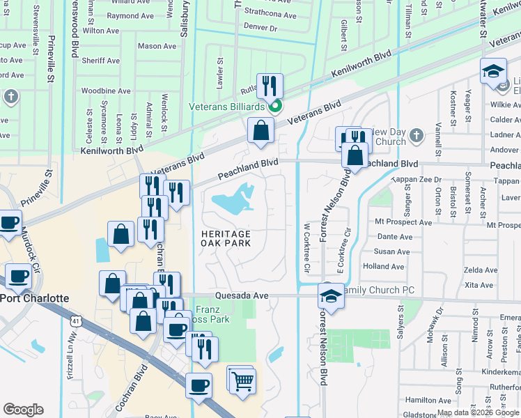 map of restaurants, bars, coffee shops, grocery stores, and more near 1192 Green Oak Trail in Port Charlotte