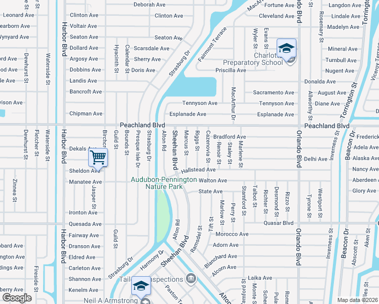 map of restaurants, bars, coffee shops, grocery stores, and more near 1091 Riggs Street in Port Charlotte