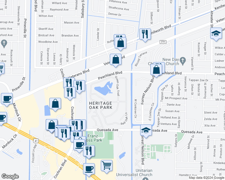 map of restaurants, bars, coffee shops, grocery stores, and more near 19520 Heritage Oak Boulevard in Port Charlotte