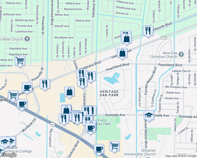 map of restaurants, bars, coffee shops, grocery stores, and more near 19310 Water Oak Drive in Port Charlotte