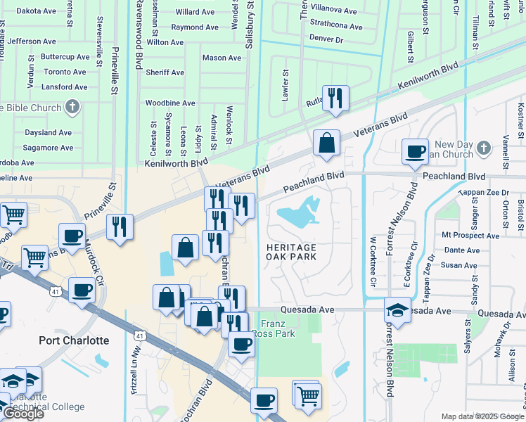 map of restaurants, bars, coffee shops, grocery stores, and more near 19310 Water Oak Drive in Port Charlotte