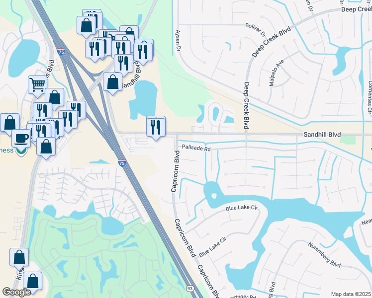 map of restaurants, bars, coffee shops, grocery stores, and more near 25043 Palisade Road in Punta Gorda