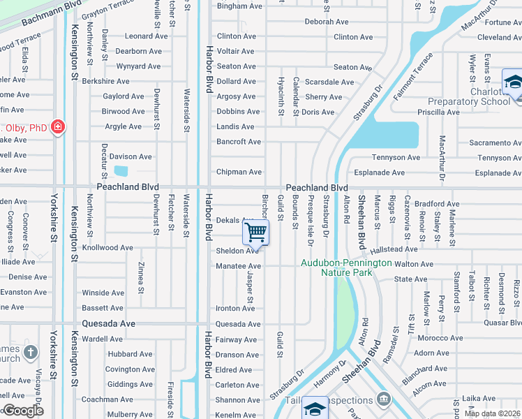 map of restaurants, bars, coffee shops, grocery stores, and more near 1039 Birchcrest Boulevard in Port Charlotte