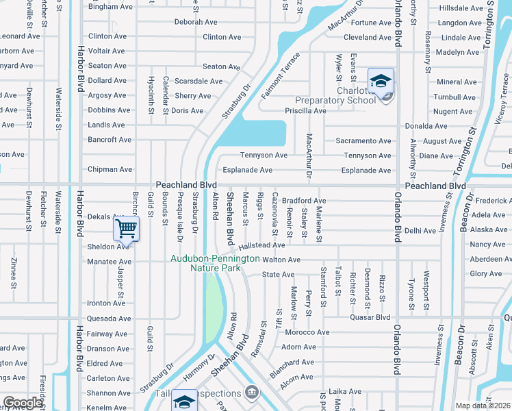 map of restaurants, bars, coffee shops, grocery stores, and more near 1043 Riggs Street in Port Charlotte