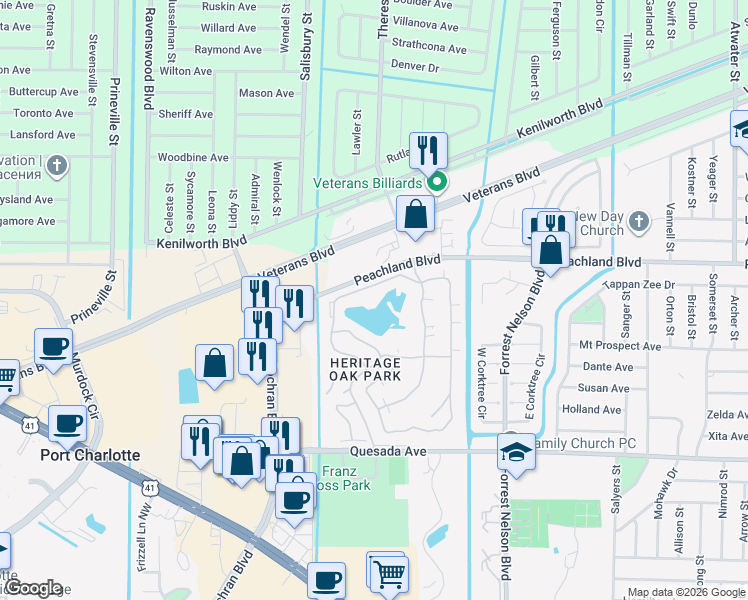 map of restaurants, bars, coffee shops, grocery stores, and more near 19325 Water Oak Drive in Port Charlotte