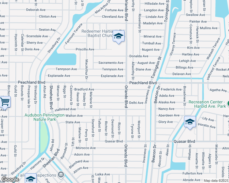 map of restaurants, bars, coffee shops, grocery stores, and more near 22475 Bradford Avenue in Port Charlotte