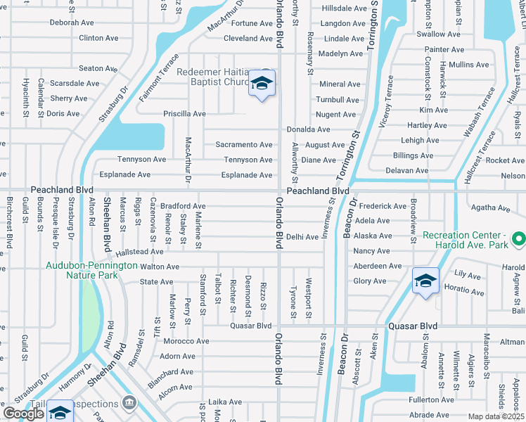 map of restaurants, bars, coffee shops, grocery stores, and more near 22475 Bradford Avenue in Port Charlotte