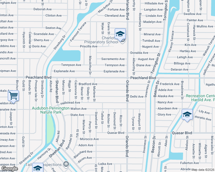 map of restaurants, bars, coffee shops, grocery stores, and more near 22435 Bradford Ave in Port Charlotte