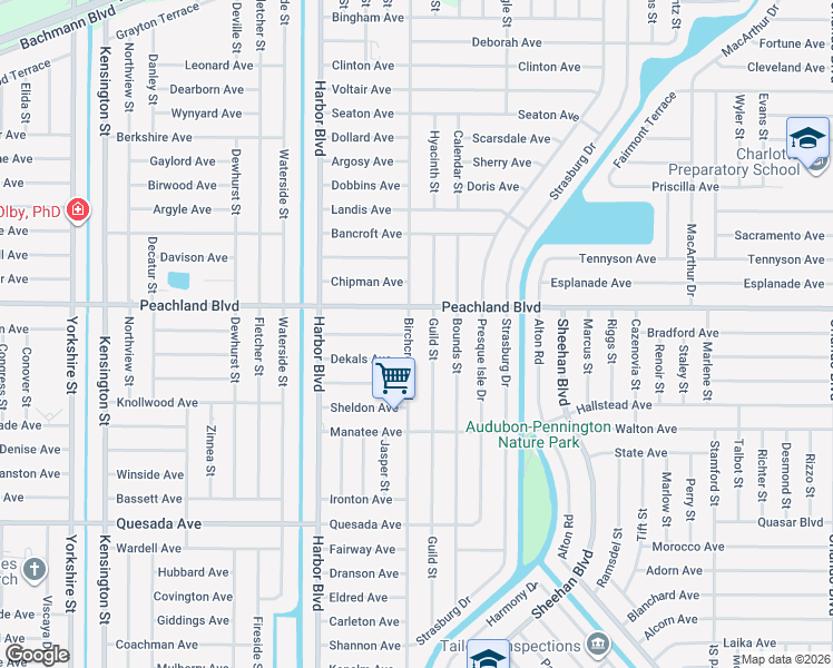 map of restaurants, bars, coffee shops, grocery stores, and more near 1039 Birchcrest Boulevard in Port Charlotte