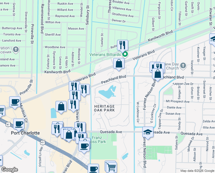 map of restaurants, bars, coffee shops, grocery stores, and more near 19345 Water Oak Drive in Port Charlotte