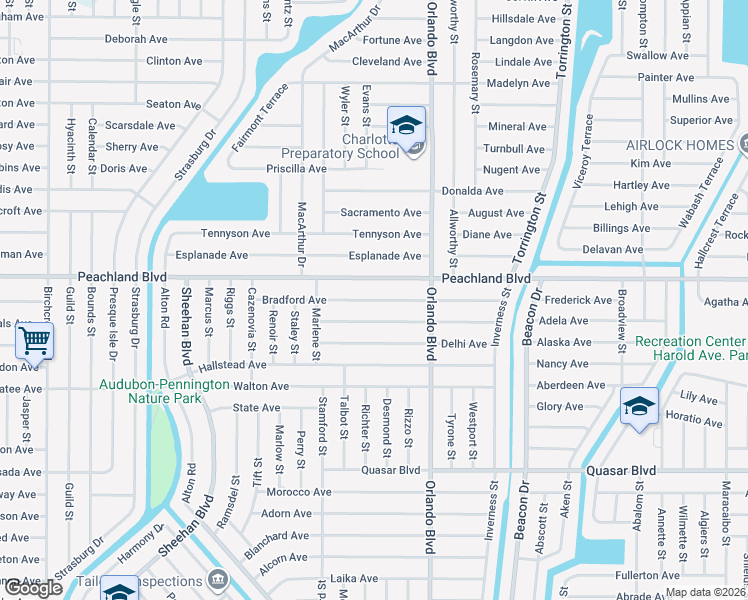 map of restaurants, bars, coffee shops, grocery stores, and more near 22452 Bradford Avenue in Port Charlotte