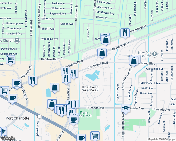 map of restaurants, bars, coffee shops, grocery stores, and more near 19325 Water Oak Drive in Port Charlotte