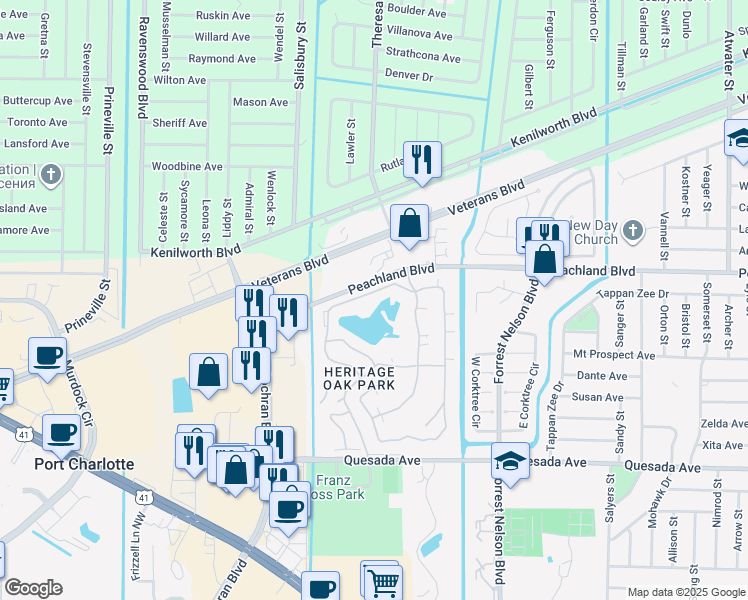 map of restaurants, bars, coffee shops, grocery stores, and more near 19335 Water Oak Drive in Port Charlotte